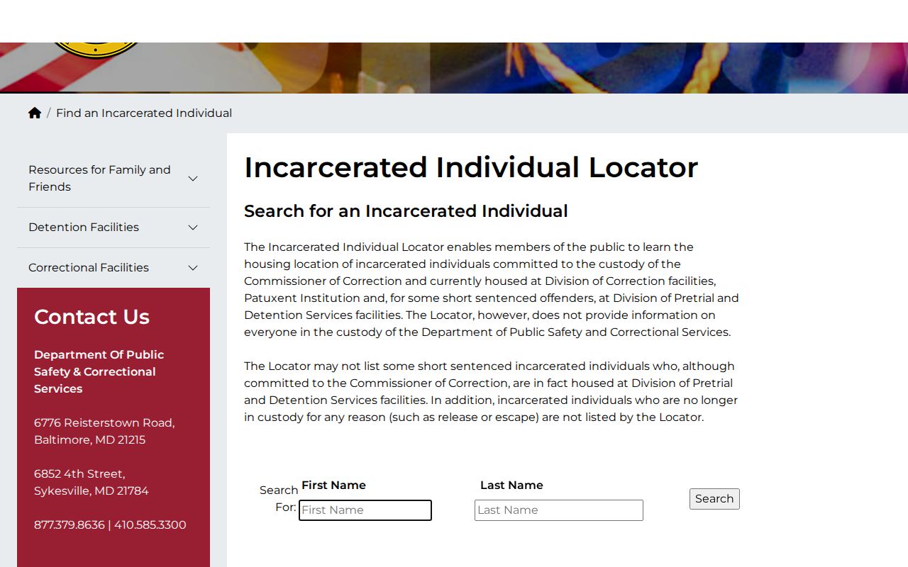 Maryland DPSCS search fields and released Harford County inmate warning